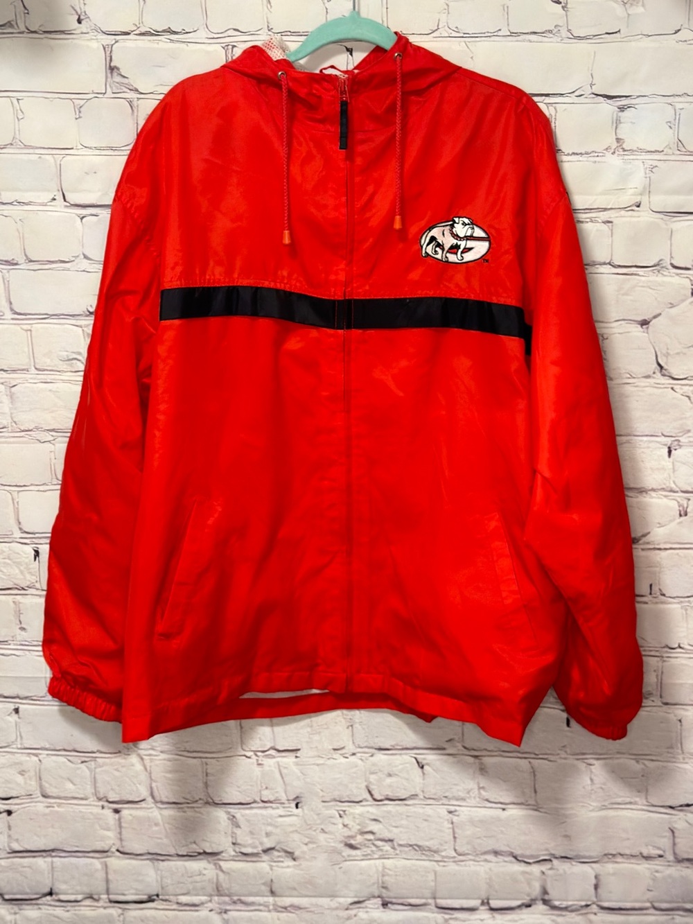 VINTAGE UNIVERSITY OF GEORGIA RED NYLON ZIPPER WINDBREAKER HOODED RAIN JACKET L